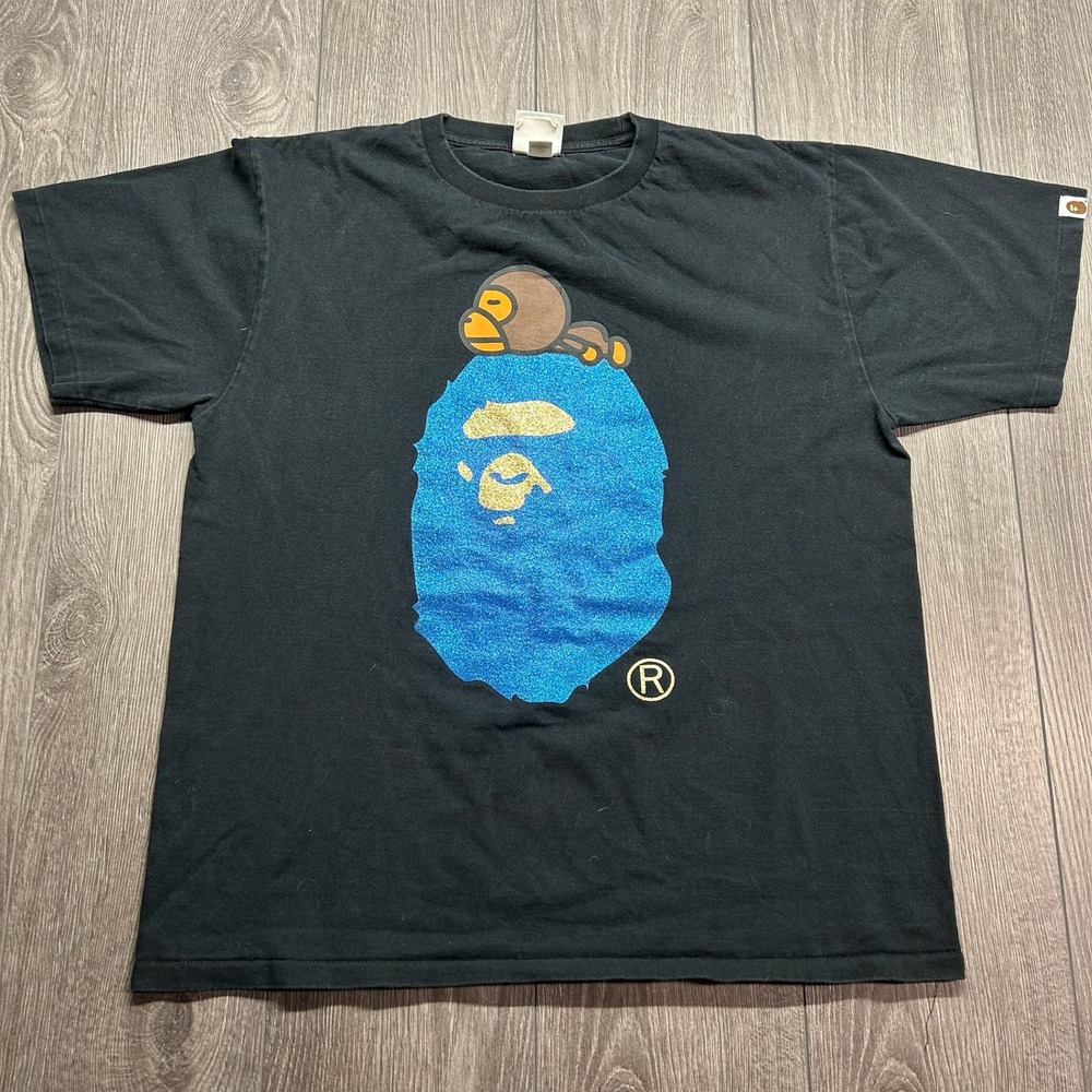 A Bathing Ape BAPE Baby Milo Glitter Blue Ape Head Black T-Shirt Mens XL